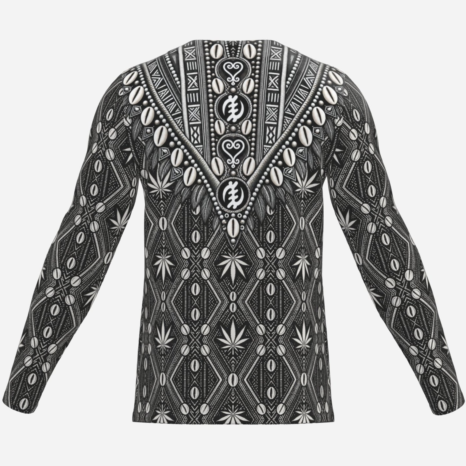A long-sleeve DaChek™ Dashiki in 190 GSM pearl mesh polyester, finished with a notched collar and bold geometric panel graphics.