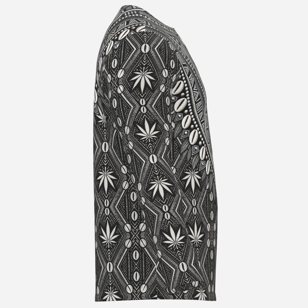 A long-sleeve DaChek™ Dashiki in 190 GSM pearl mesh polyester, finished with a notched collar and bold geometric panel graphics.
