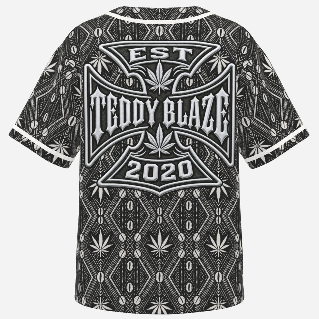 A Teddy Blaze baseball jersey in lightweight bird’s-eye polyester, finished with white piping, all-over DaChek™ pattern, and a bold back crest.