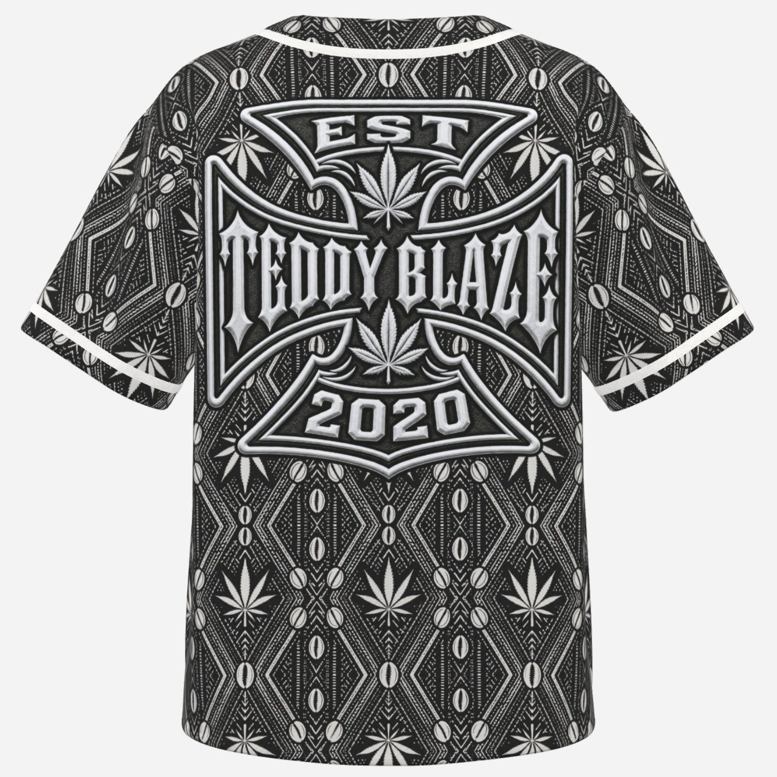 A Teddy Blaze baseball jersey in lightweight bird’s-eye polyester, finished with white piping, all-over DaChek™ pattern, and a bold back crest.