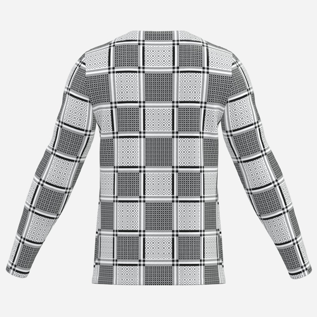 Shop the Keffiyeh Notch Collar Jumper by Teddy Blaze, made from 190 GSM pearl mesh with black-and-white patternwork and a distinctive notch collar.