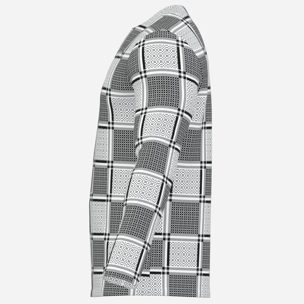 Shop the Keffiyeh Notch Collar Jumper by Teddy Blaze, made from 190 GSM pearl mesh with black-and-white patternwork and a distinctive notch collar.