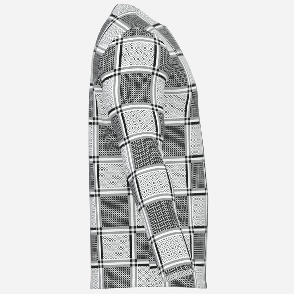 Shop the Keffiyeh Notch Collar Jumper by Teddy Blaze, made from 190 GSM pearl mesh with black-and-white patternwork and a distinctive notch collar.