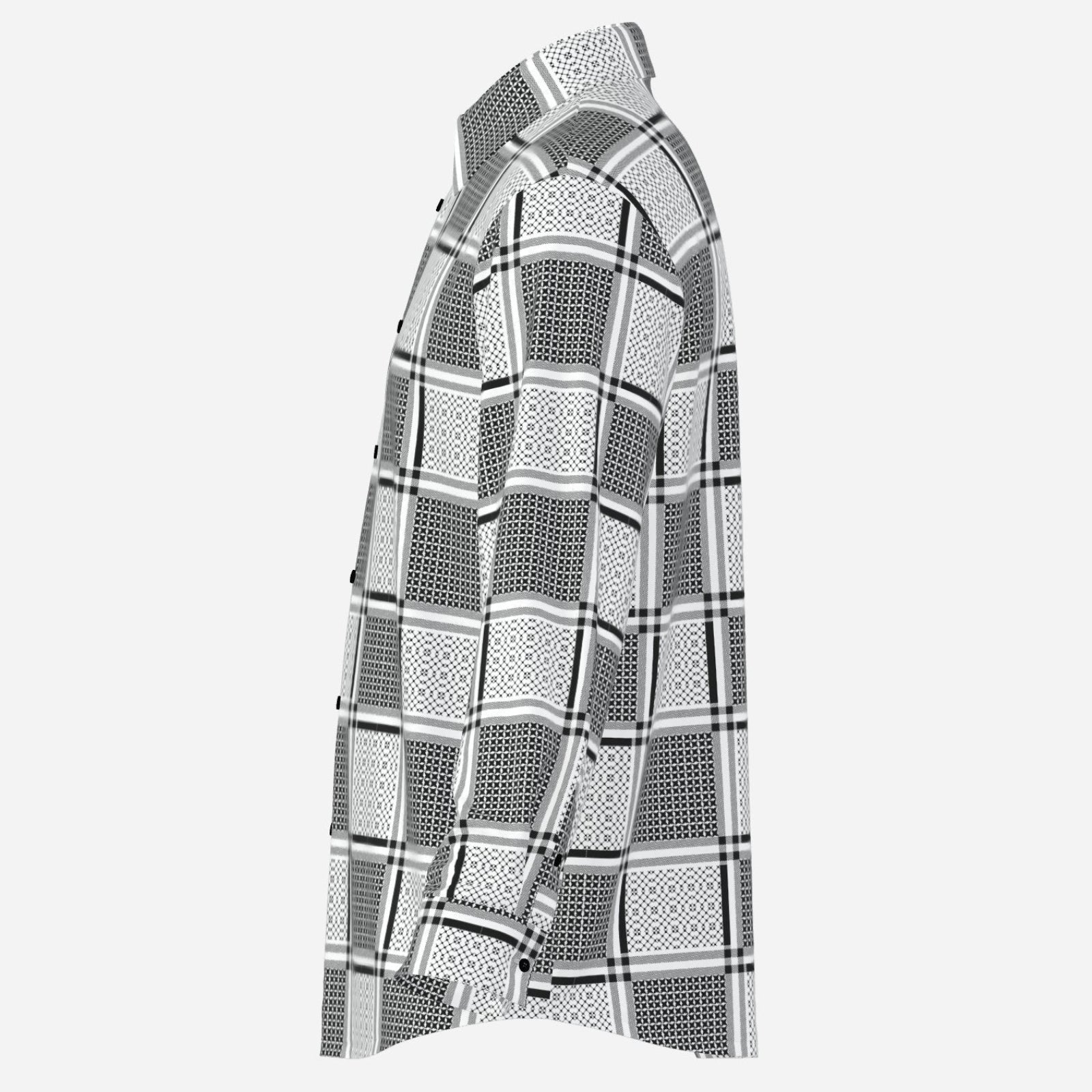 Shop the Keffiyeh Satiny Button Down by Teddy Blaze, featuring lightweight 90 GSM gloss fabric and graphic black-and-white keffiyeh-inspired patternwork.