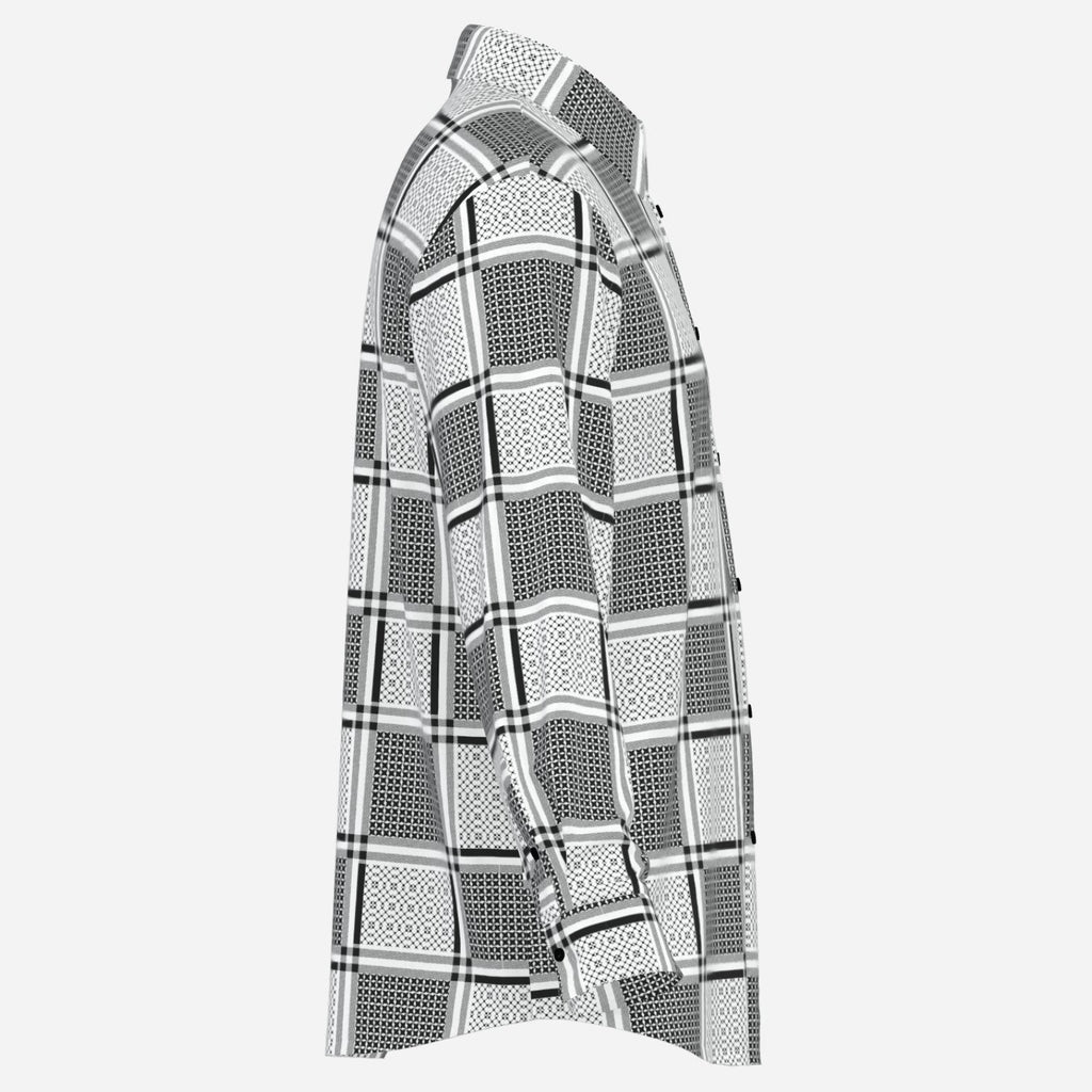 Shop the Keffiyeh Satiny Button Down by Teddy Blaze, featuring lightweight 90 GSM gloss fabric and graphic black-and-white keffiyeh-inspired patternwork.