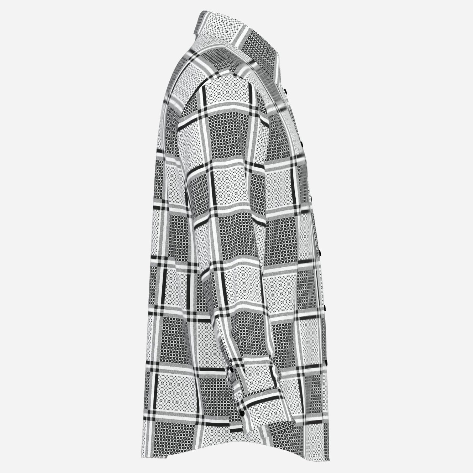 Shop the Keffiyeh Satiny Button Down by Teddy Blaze, featuring lightweight 90 GSM gloss fabric and graphic black-and-white keffiyeh-inspired patternwork.
