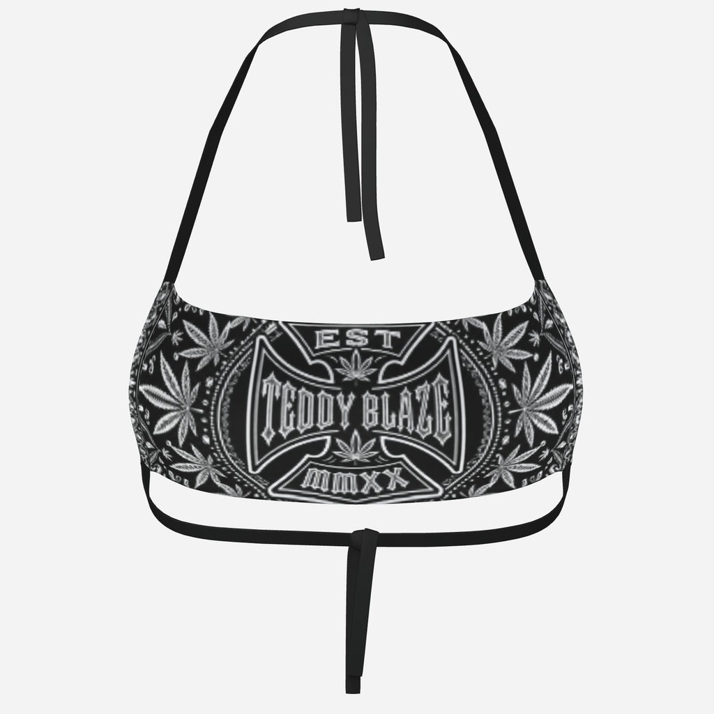 Black-and-white milk silk halter bandeau with adjustable ties, TeddyFlora artwork and the DaCruz Cross from Teddy Blaze.
