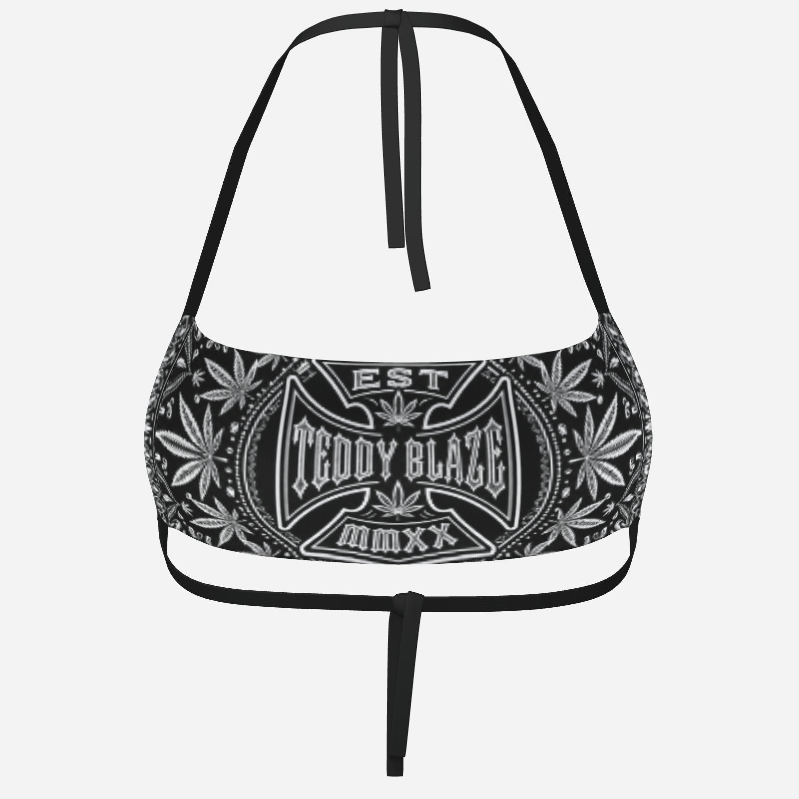 Black-and-white milk silk halter bandeau with adjustable ties, TeddyFlora artwork and the DaCruz Cross from Teddy Blaze.