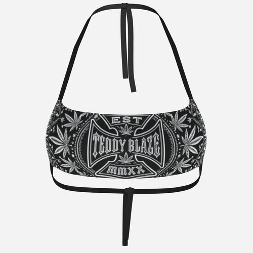 Black-and-white milk silk halter bandeau with adjustable ties, TeddyFlora artwork and the DaCruz Cross from Teddy Blaze.