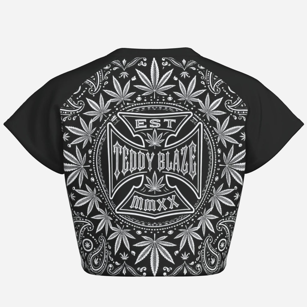 Black-and-white cropped raglan tee with a cotton-like feel, four-way stretch, TeddyFlora artwork and the DaCruz Cross by Teddy Blaze.