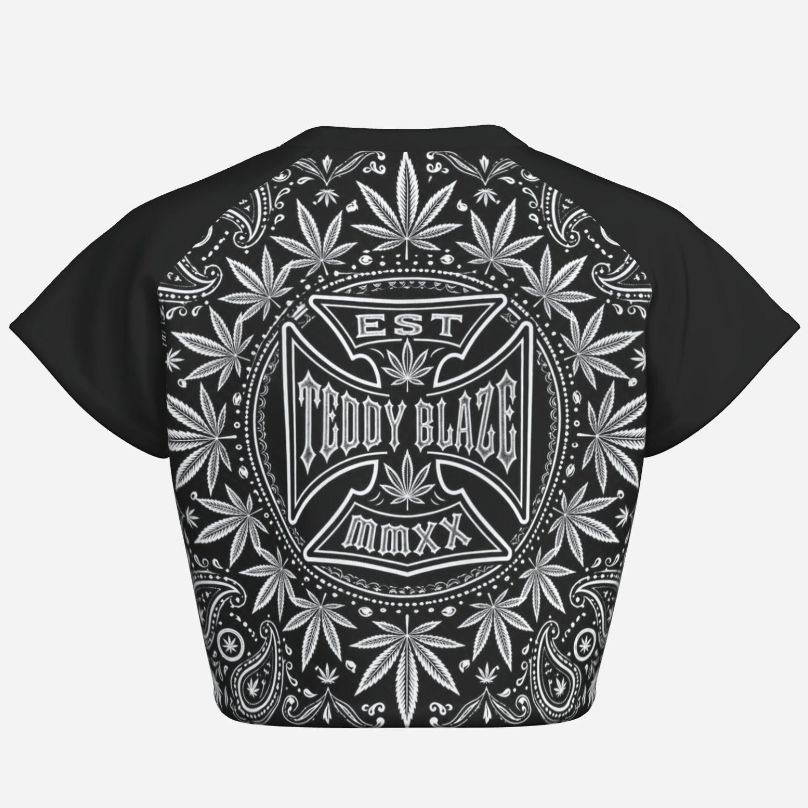 Black-and-white cropped raglan tee with a cotton-like feel, four-way stretch, TeddyFlora artwork and the DaCruz Cross by Teddy Blaze.