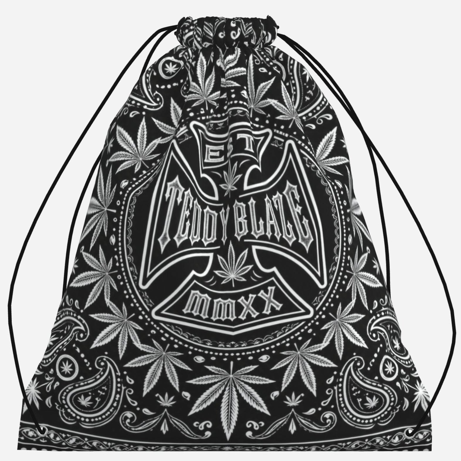 Lightweight black-and-white drawstring bag featuring the DaCruz Cross, TeddyFlora and paisley-inspired artwork by Teddy Blaze.