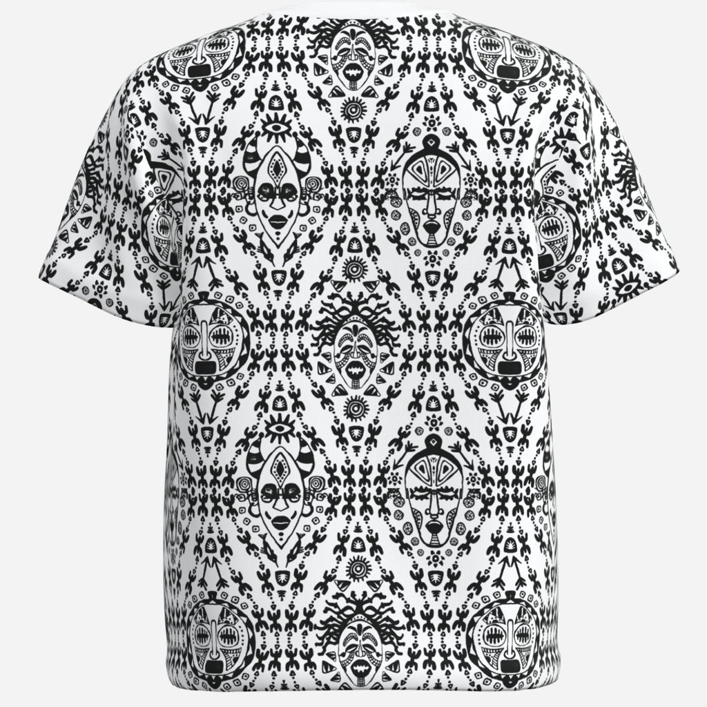 Kids’ Afrocentric graphic tee with black-and-white mask and symbolic artwork, breathable 170 GSM imitation cotton fabric and Teddy Blaze style.
