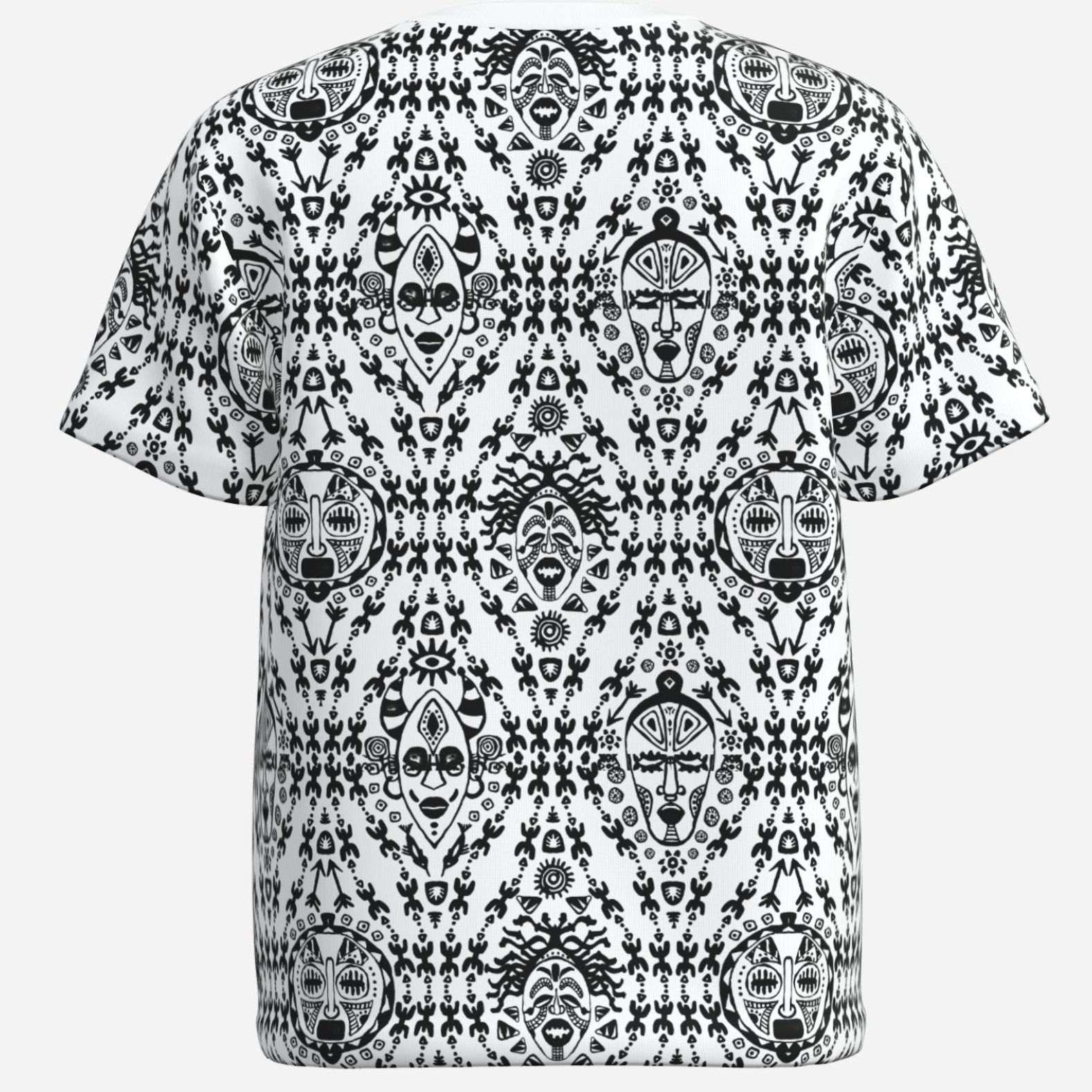 Kids’ Afrocentric graphic tee with black-and-white mask and symbolic artwork, breathable 170 GSM imitation cotton fabric and Teddy Blaze style.