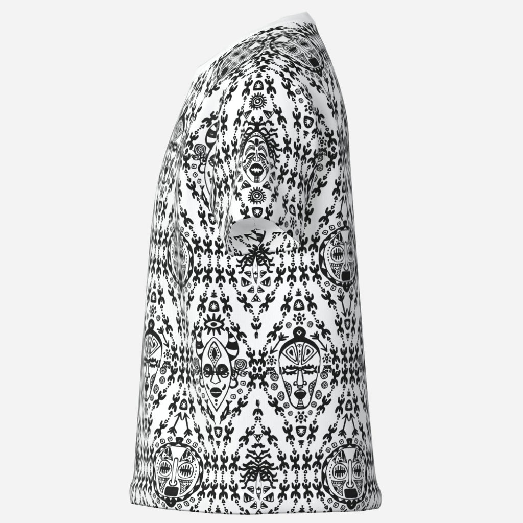Kids’ Afrocentric graphic tee with black-and-white mask and symbolic artwork, breathable 170 GSM imitation cotton fabric and Teddy Blaze style.