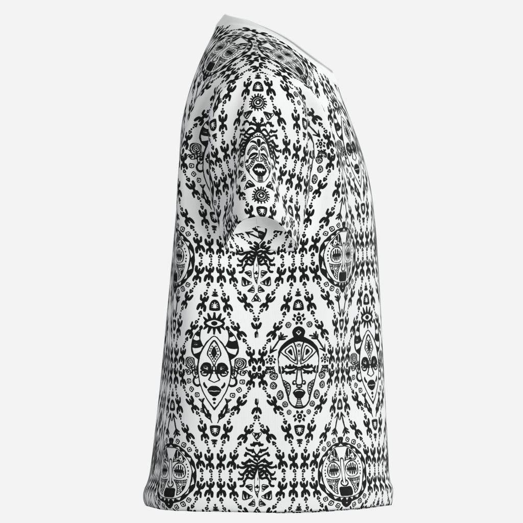 Kids’ Afrocentric graphic tee with black-and-white mask and symbolic artwork, breathable 170 GSM imitation cotton fabric and Teddy Blaze style.