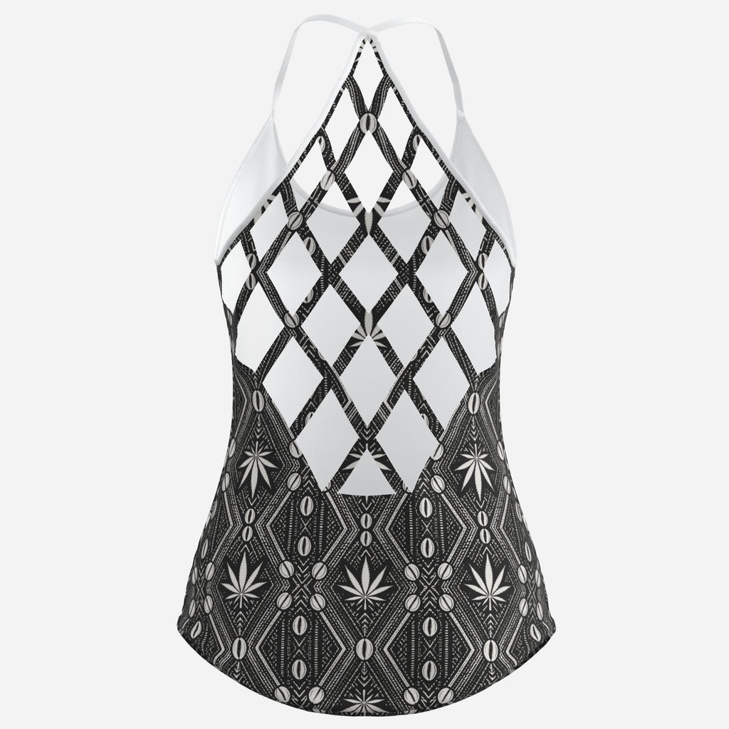 Women’s DaChek halter tank in soft stretch milk silk with a statement open lattice razorback, breathable comfort and bold Teddy Blaze pattern.