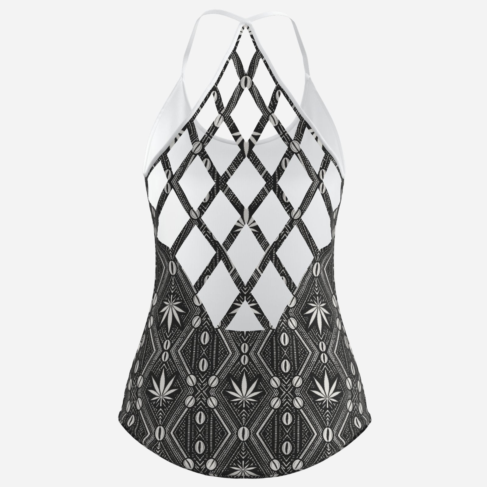Women’s DaChek halter tank in soft stretch milk silk with a statement open lattice razorback, breathable comfort and bold Teddy Blaze pattern.