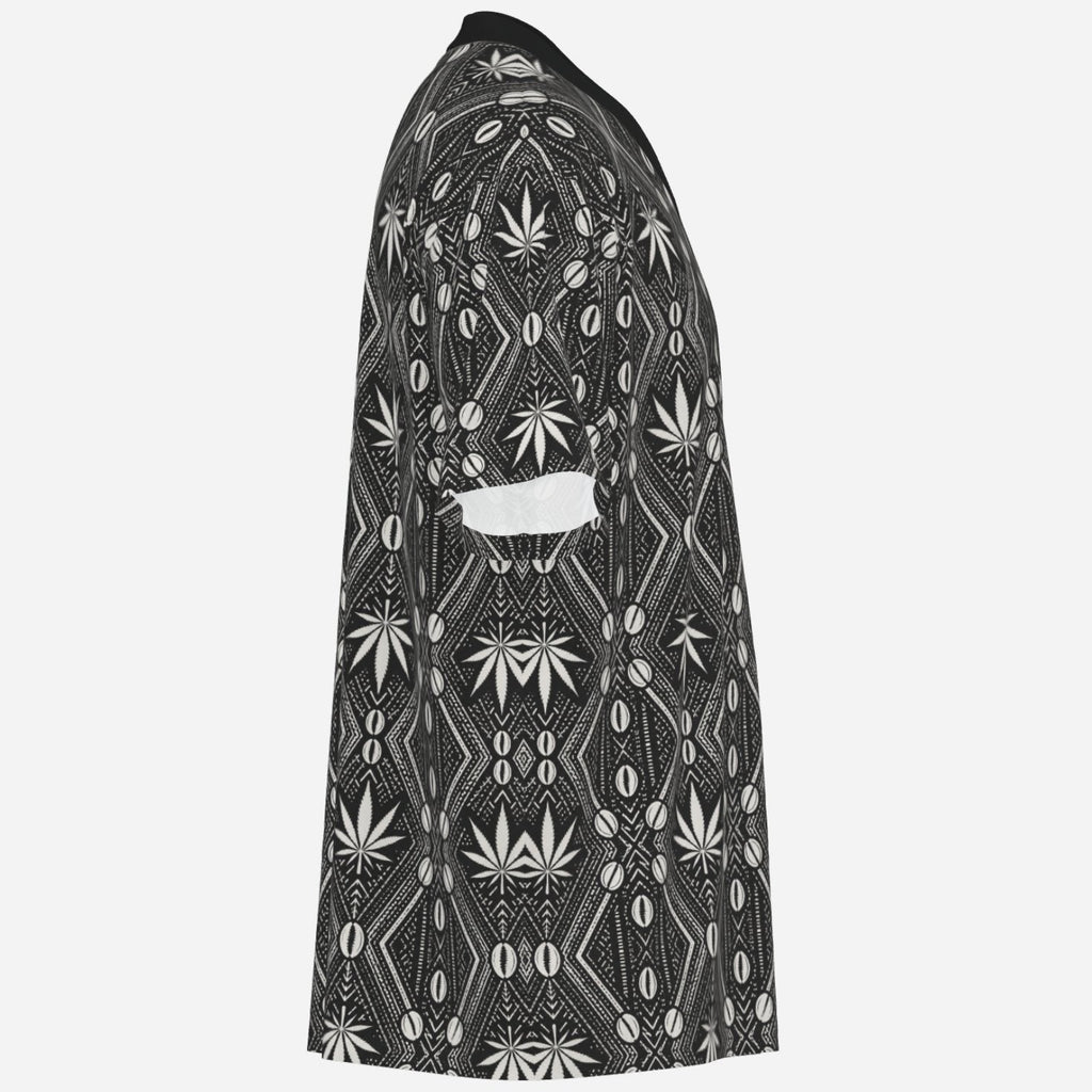 DaChek V-neck sports tee in 180 GSM cooling stretch fabric with UPF 50+ protection, contrast collar and signature Teddy Blaze Black Ivy pattern