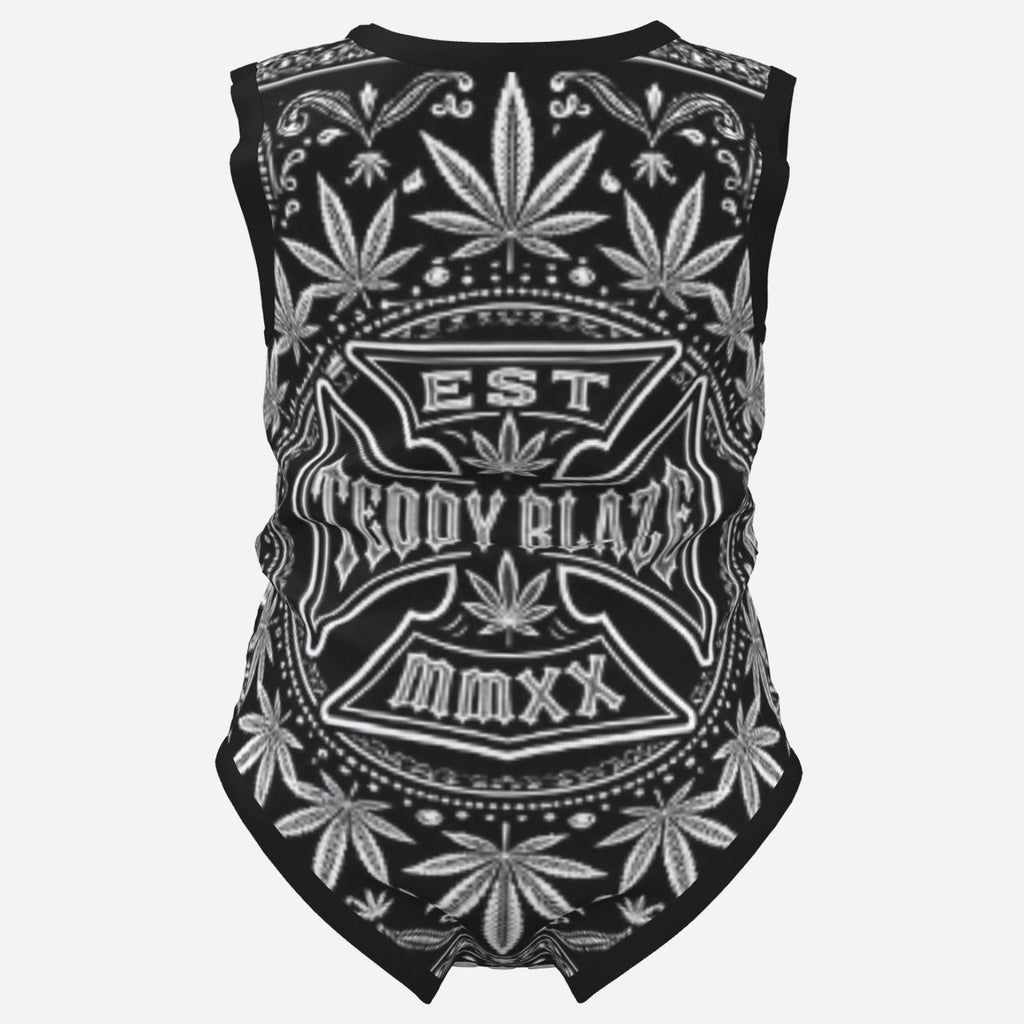 TeddyFlora Cruz sleeveless baby romper featuring the DaCruz Crest in bold black-and-white graphics, soft stretch fabric and convenient snap closure.