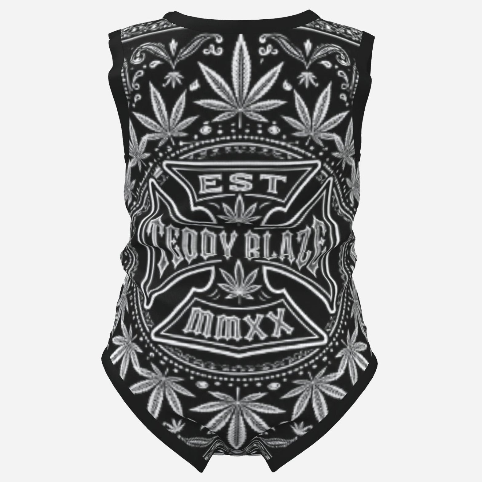 TeddyFlora Cruz sleeveless baby romper featuring the DaCruz Crest in bold black-and-white graphics, soft stretch fabric and convenient snap closure.