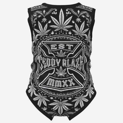 TeddyFlora Cruz sleeveless baby romper featuring the DaCruz Crest in bold black-and-white graphics, soft stretch fabric and convenient snap closure.