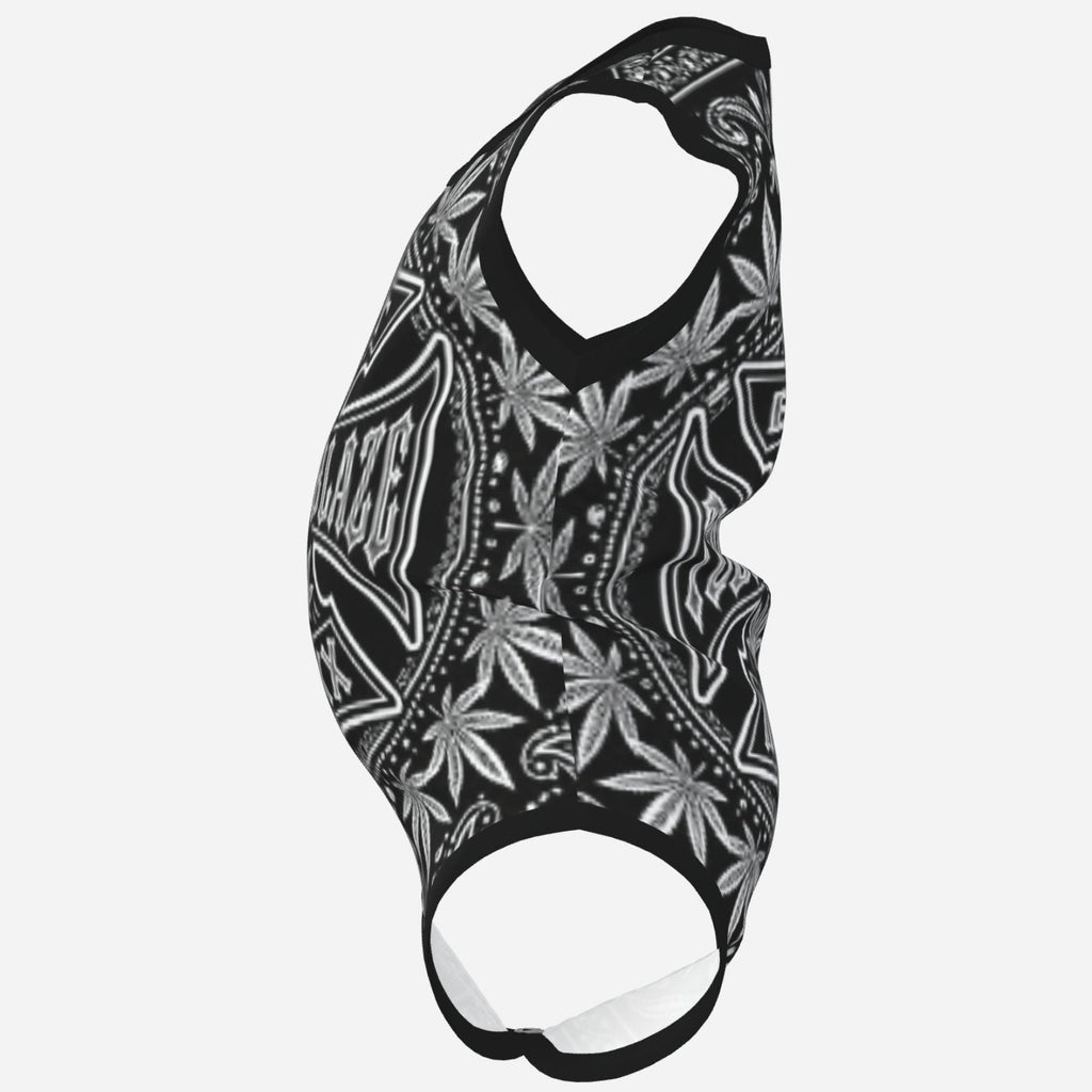 TeddyFlora Cruz sleeveless baby romper featuring the DaCruz Crest in bold black-and-white graphics, soft stretch fabric and convenient snap closure.