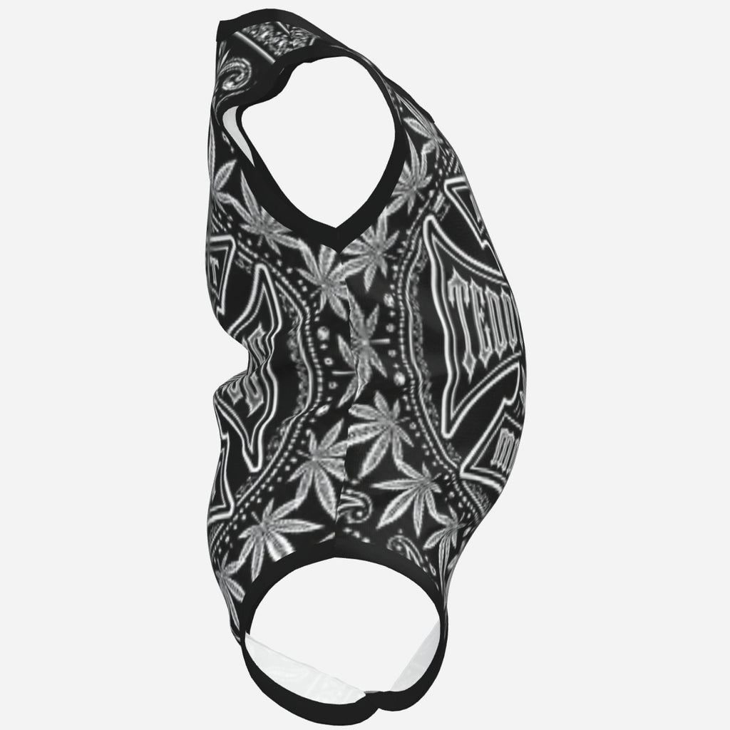 TeddyFlora Cruz sleeveless baby romper featuring the DaCruz Crest in bold black-and-white graphics, soft stretch fabric and convenient snap closure.