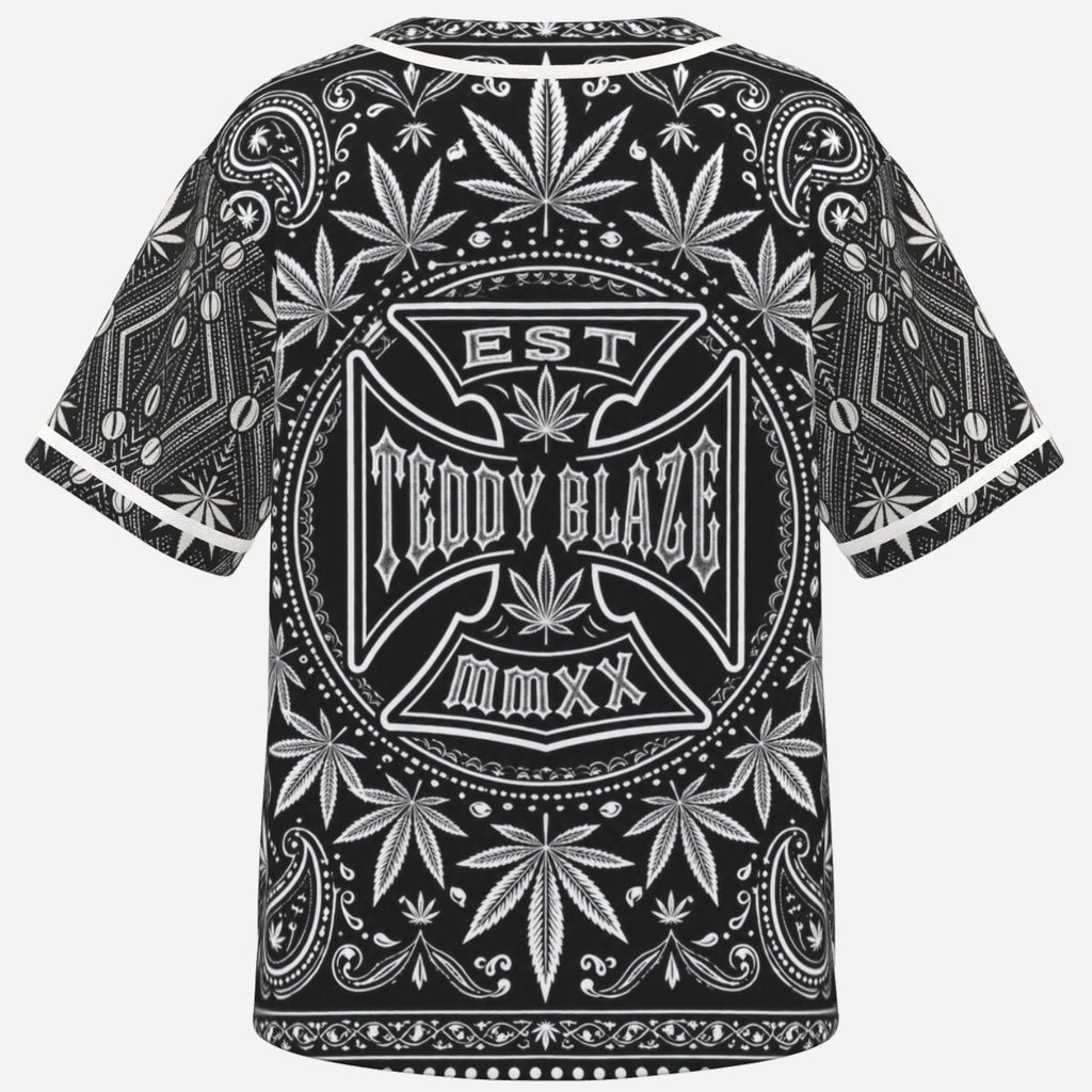 Black-and-white Teddy Blaze baseball jersey featuring DaChek, TeddyFlora motifs, contrast piping and an oversized DaCruz Crest back graphic.