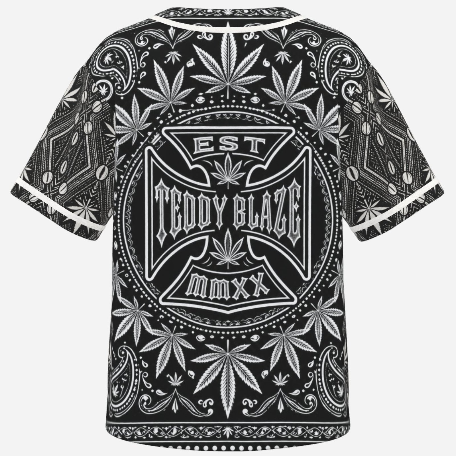 Black-and-white Teddy Blaze baseball jersey featuring DaChek, TeddyFlora motifs, contrast piping and an oversized DaCruz Crest back graphic.