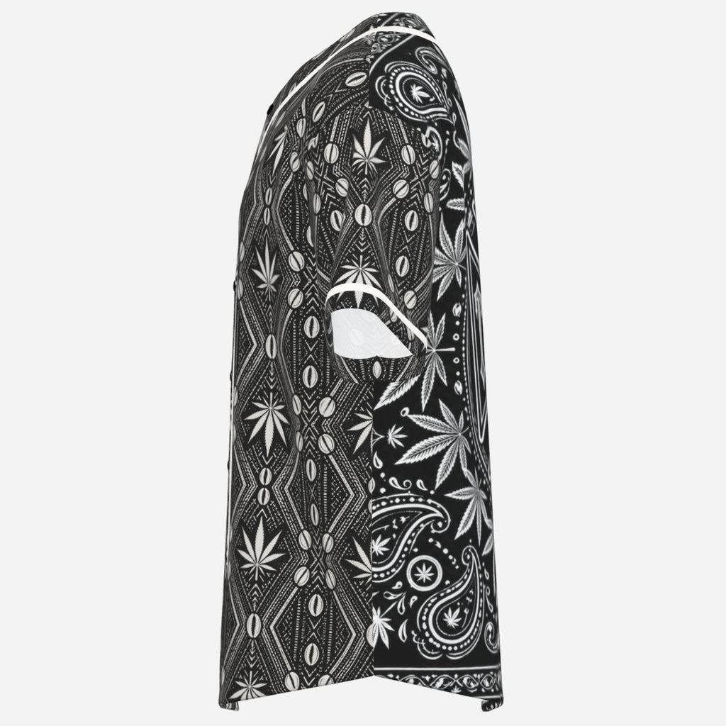 Black-and-white Teddy Blaze baseball jersey featuring DaChek, TeddyFlora motifs, contrast piping and an oversized DaCruz Crest back graphic.