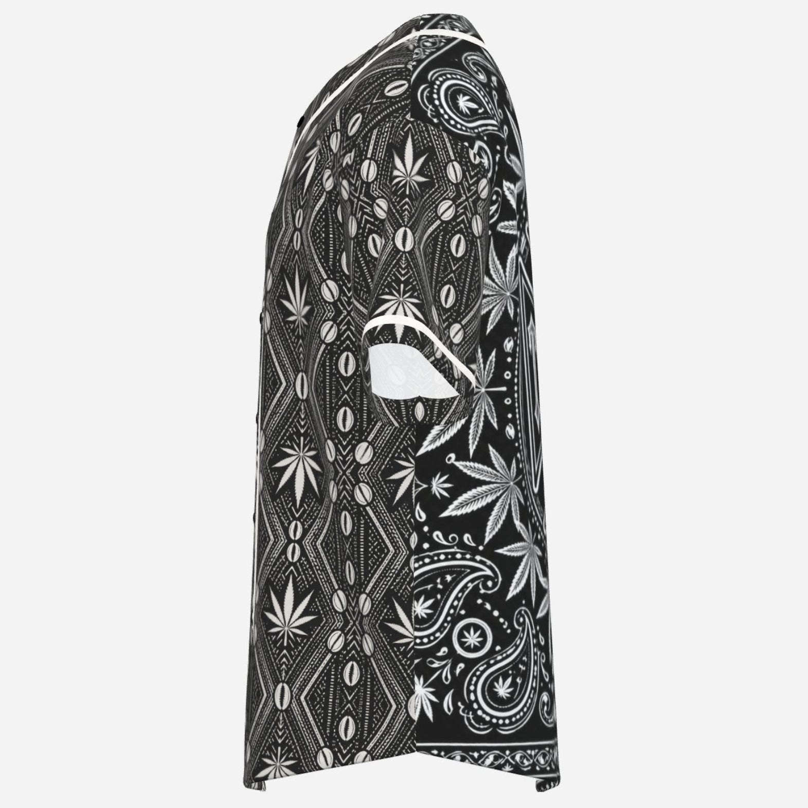 Black-and-white Teddy Blaze baseball jersey featuring DaChek, TeddyFlora motifs, contrast piping and an oversized DaCruz Crest back graphic.
