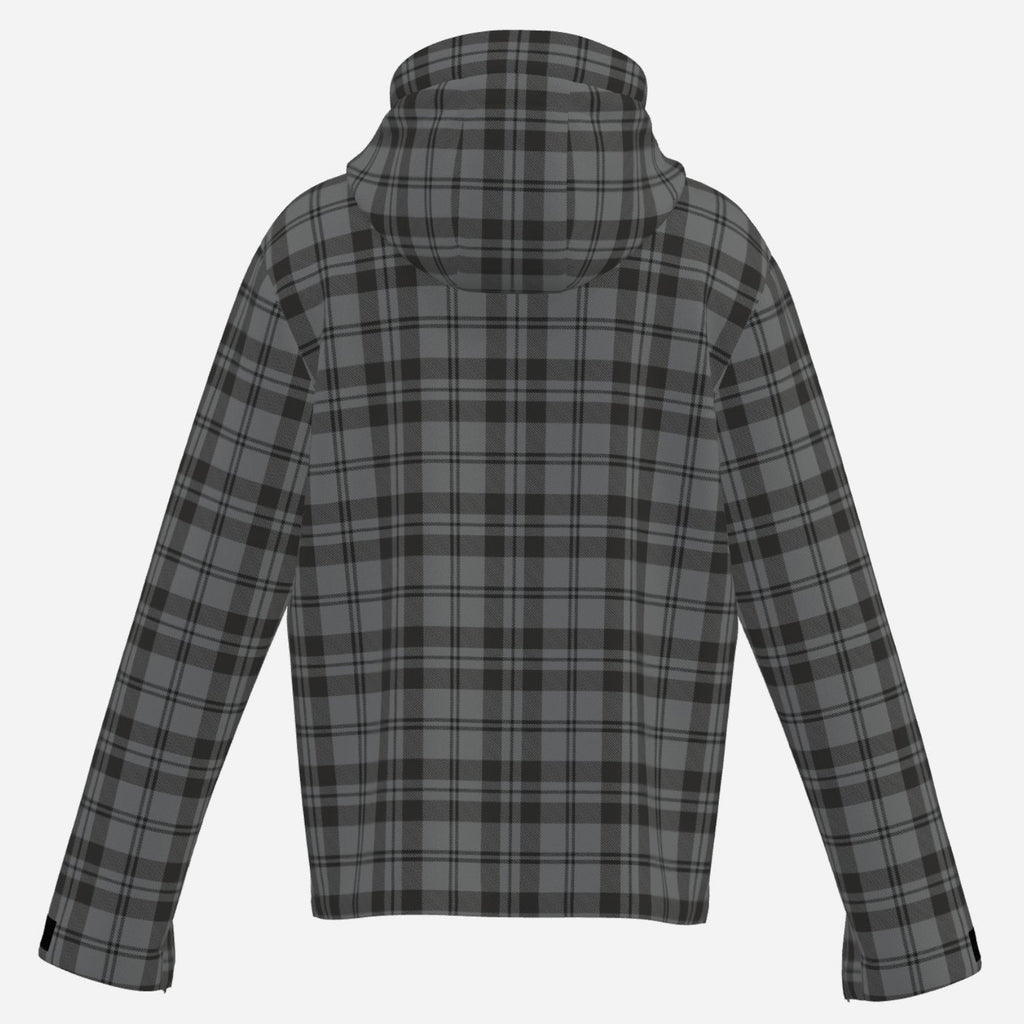 Granite gray and black plaid Teddy Blaze hooded windbreaker with DaChek detailing, lightweight lining, zip pockets, and everyday weather resistance.