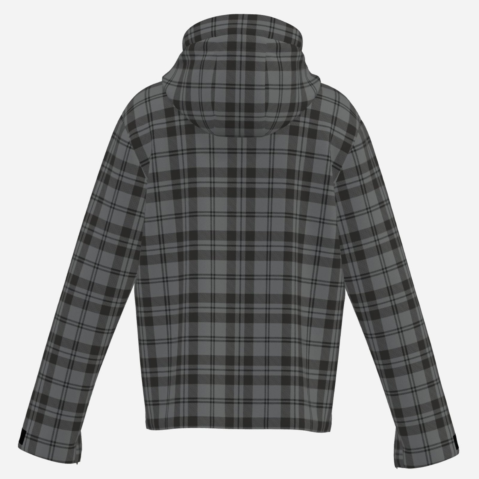 Granite gray and black plaid Teddy Blaze hooded windbreaker with DaChek detailing, lightweight lining, zip pockets, and everyday weather resistance.
