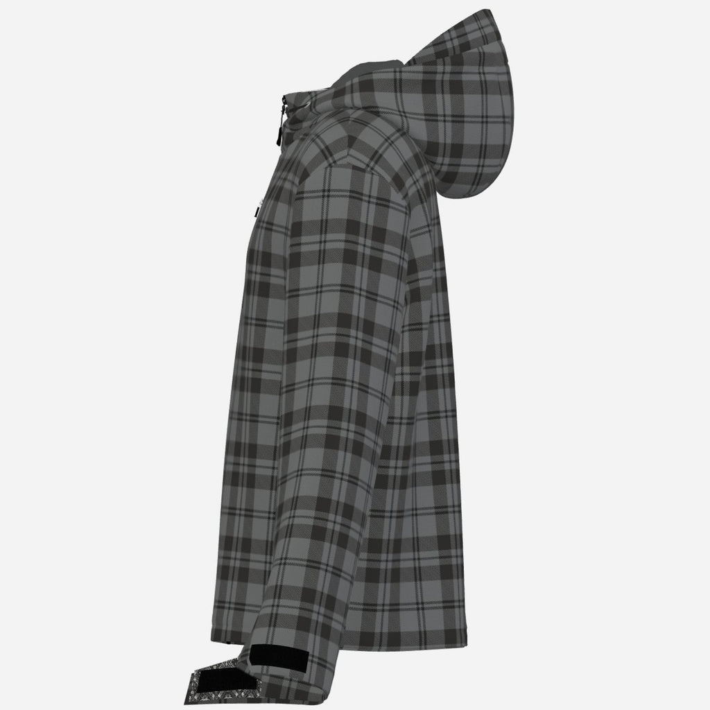 Granite gray and black plaid Teddy Blaze hooded windbreaker with DaChek detailing, lightweight lining, zip pockets, and everyday weather resistance.