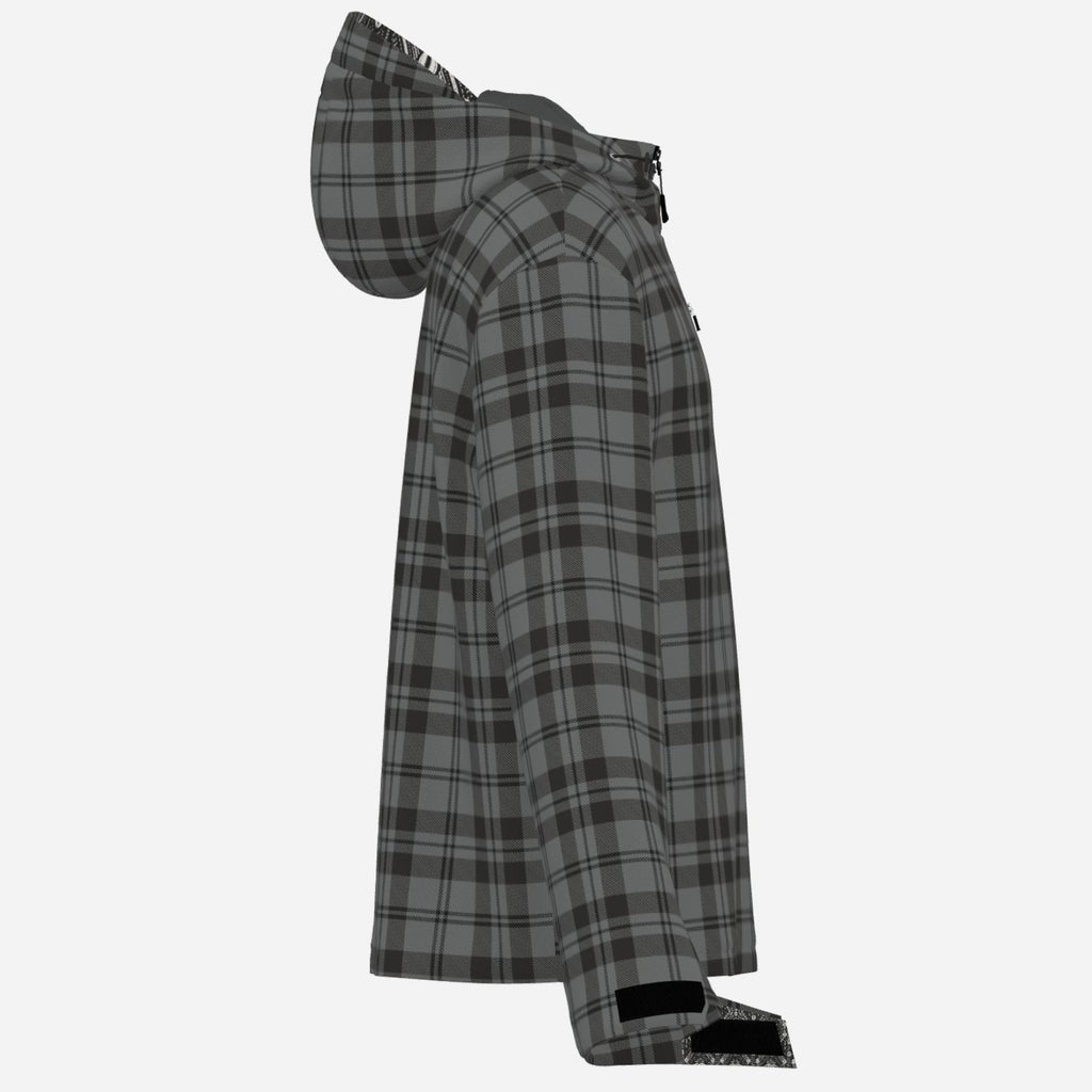 Granite gray and black plaid Teddy Blaze hooded windbreaker with DaChek detailing, lightweight lining, zip pockets, and everyday weather resistance.
