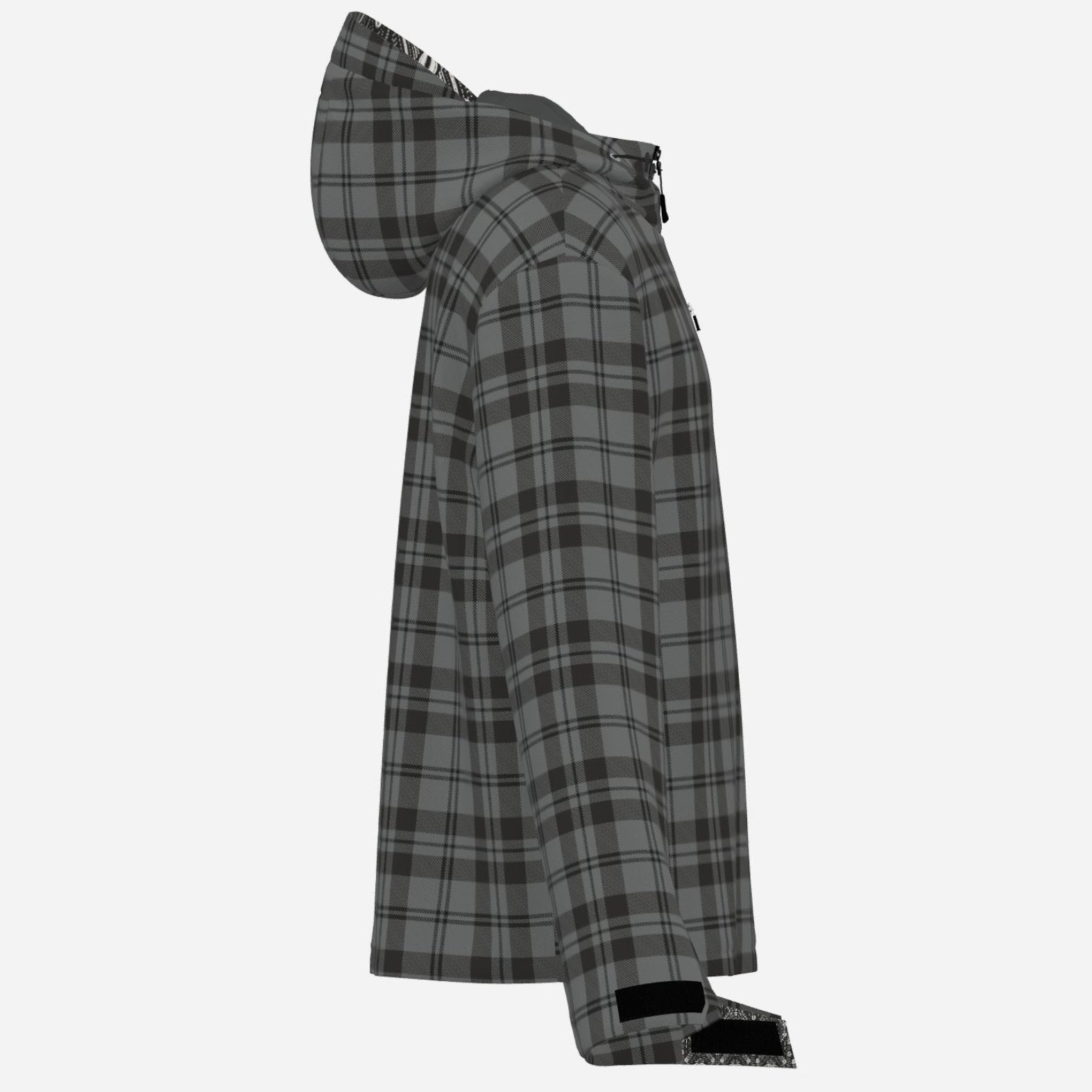 Granite gray and black plaid Teddy Blaze hooded windbreaker with DaChek detailing, lightweight lining, zip pockets, and everyday weather resistance.