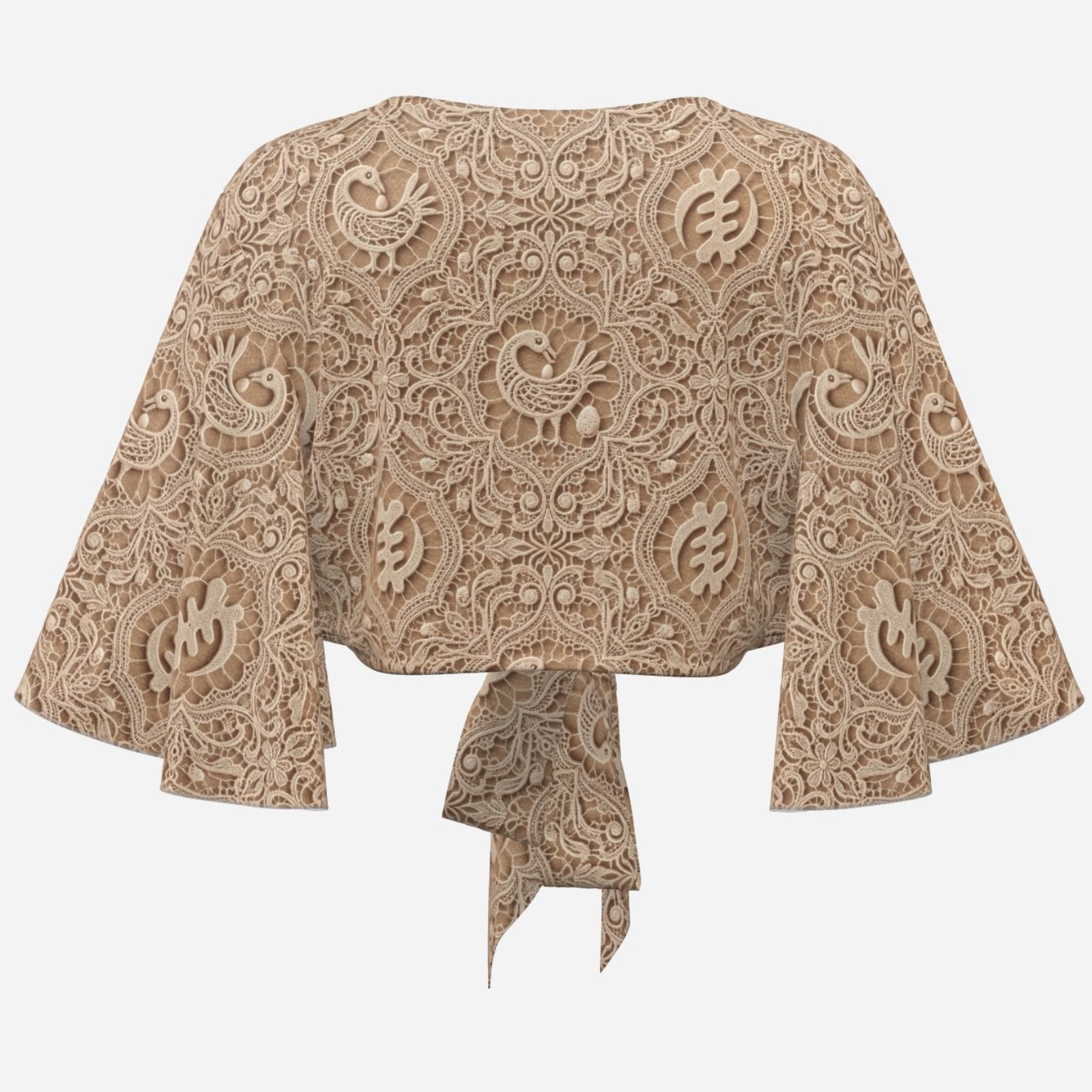 Earth-tone Teddy Blaze cropped wrap cover-up featuring trompe l'oeil lace, Sankofa motifs, flowing bat-wing sleeves and an adjustable tie front.