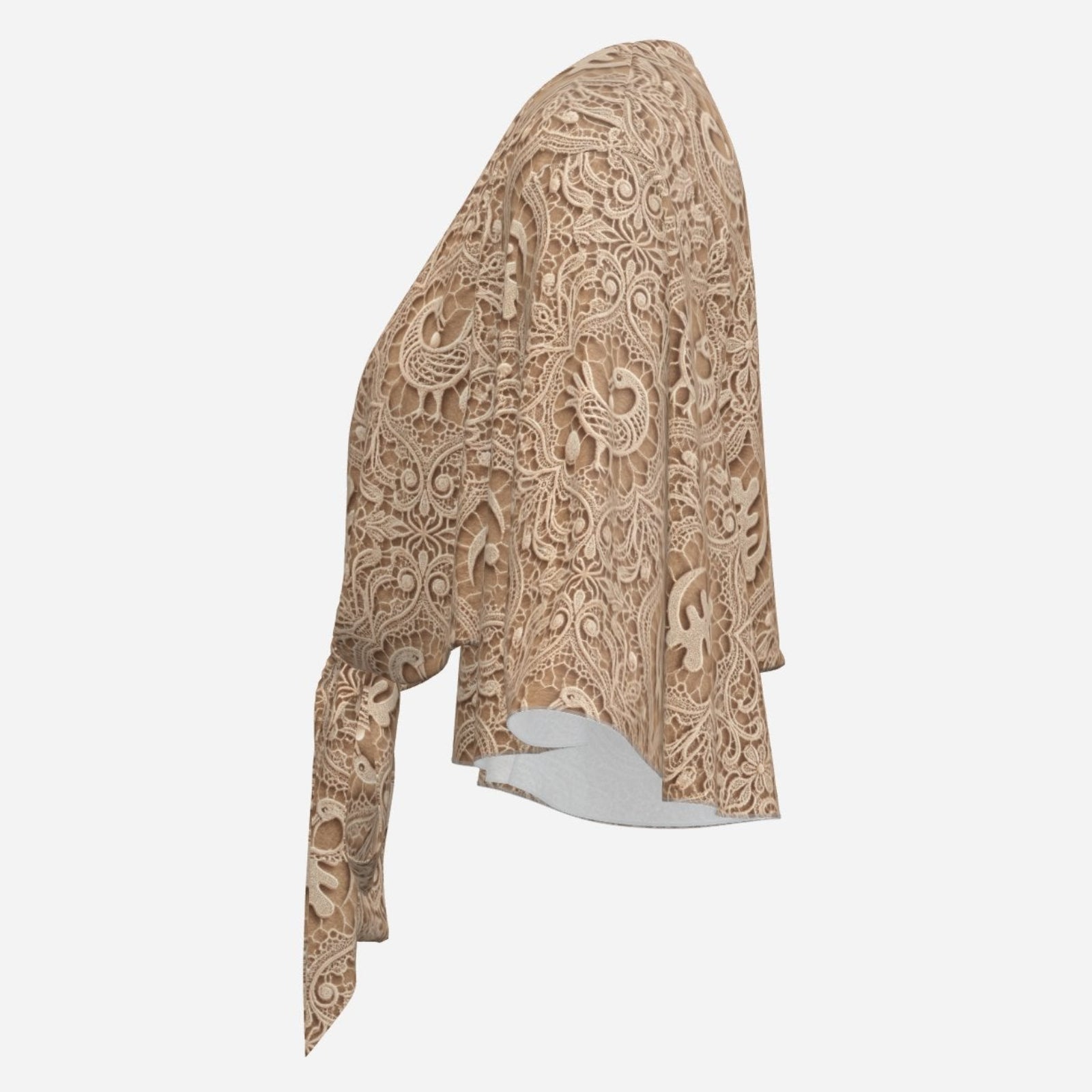GAKNM2X_Earth-tone Teddy Blaze cropped wrap cover-up featuring trompe l'oeil lace, Sankofa motifs, flowing bat-wing sleeves and an adjustable tie front.FFFFFF