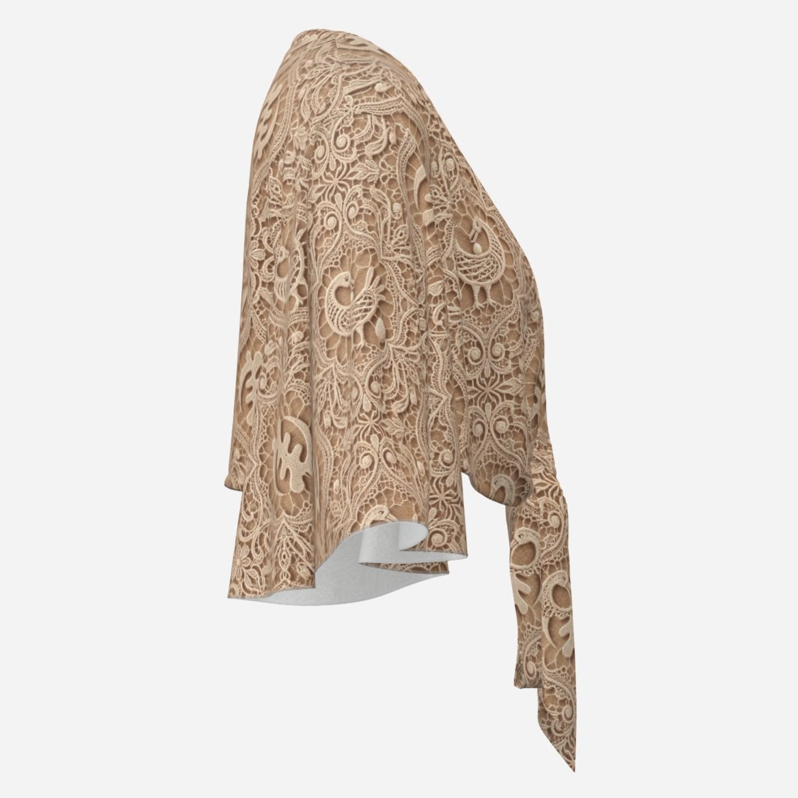 Earth-tone Teddy Blaze cropped wrap cover-up featuring trompe l'oeil lace, Sankofa motifs, flowing bat-wing sleeves and an adjustable tie front.