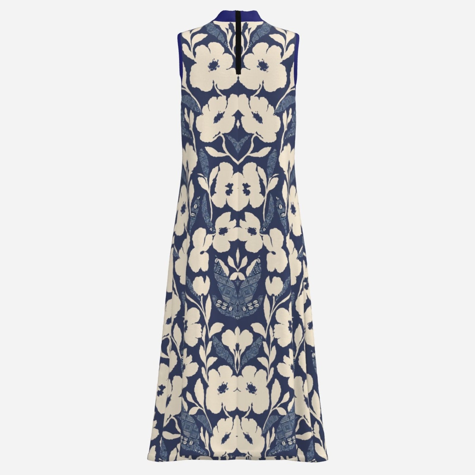 Teddy Blaze Adire floral A-line dress featuring an indigo and cream textile design, high neckline, ankle length silhouette, and Black Ivy elegance.