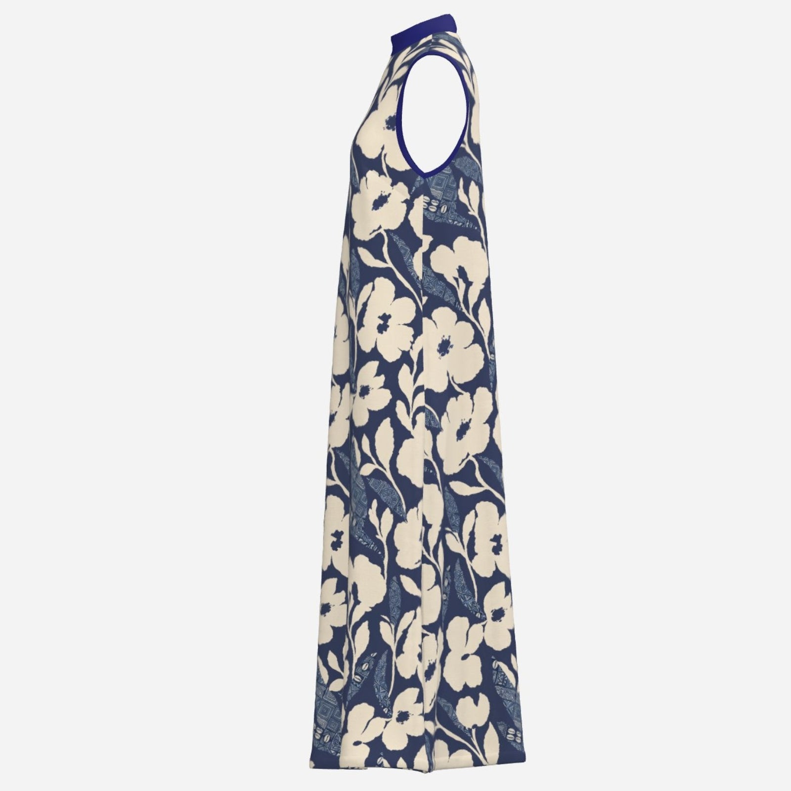 Teddy Blaze Adire floral A-line dress featuring an indigo and cream textile design, high neckline, ankle length silhouette, and Black Ivy elegance.