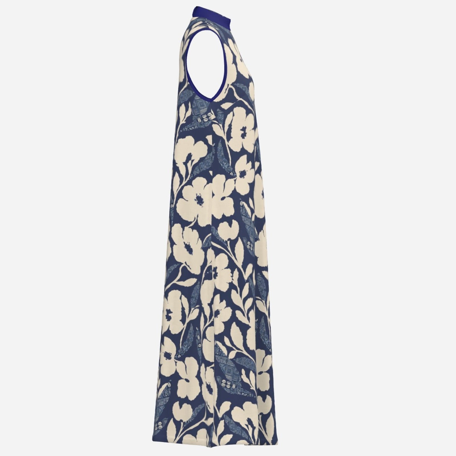 Teddy Blaze Adire floral A-line dress featuring an indigo and cream textile design, high neckline, ankle length silhouette, and Black Ivy elegance.