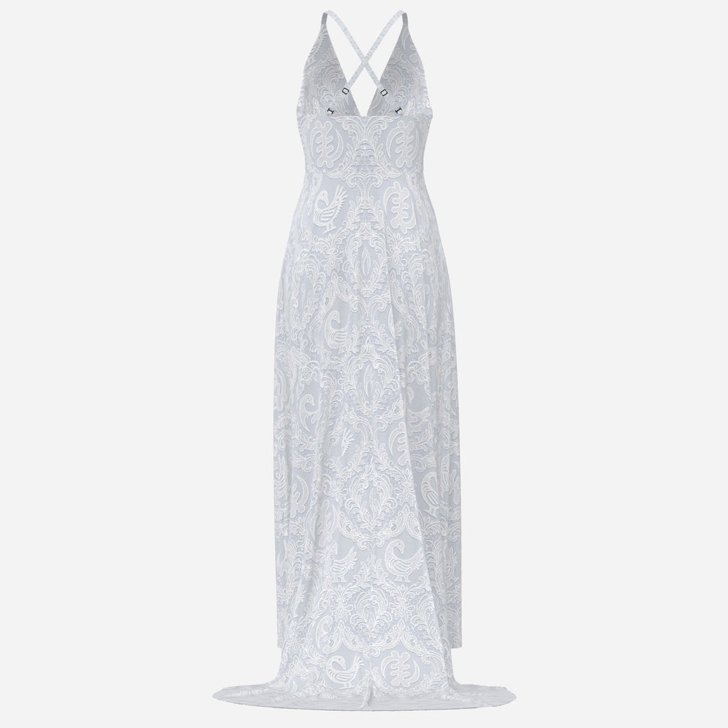 REJE1BX_FFA statement Sankofa lace maxi dress featuring a deep V-neck, cross-back straps, and Teddy Blaze cultural textile design. Afrocentric luxury with modern fashion house energy.FFFF