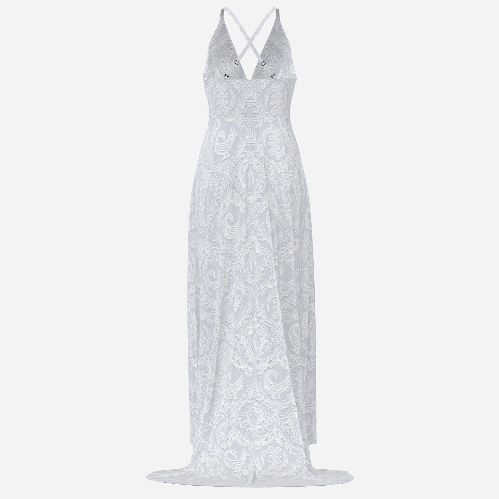 REJE1BX_FFA statement Sankofa lace maxi dress featuring a deep V-neck, cross-back straps, and Teddy Blaze cultural textile design. Afrocentric luxury with modern fashion house energy.FFFF