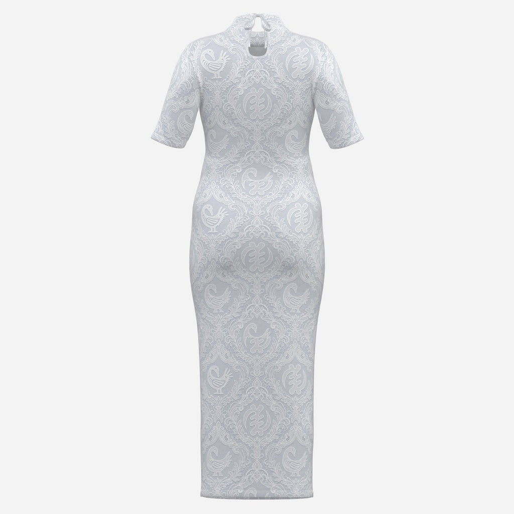 An elegant white midi dress featuring tonal Sankofa and Gye Nyame lace artwork, a mock neckline and sculpted silhouette from Teddy Blaze.