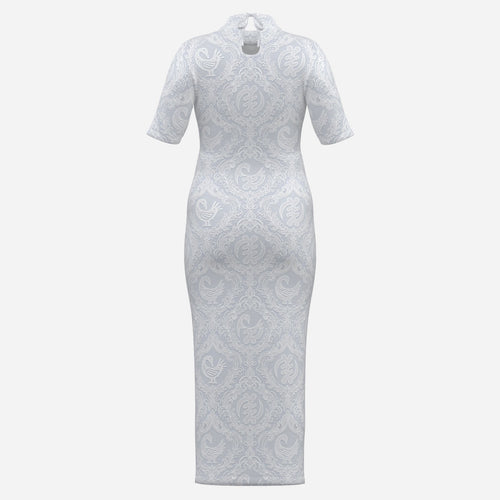 An elegant white midi dress featuring tonal Sankofa and Gye Nyame lace artwork, a mock neckline and sculpted silhouette from Teddy Blaze.
