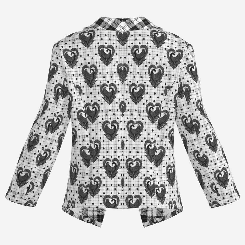 Monochrome Teddy Blaze open blazer mixing plaid, polka dots and repeating Sankofa hearts in structured 230 GSM Air Layer fabric. Sizes XXXS–2XL.