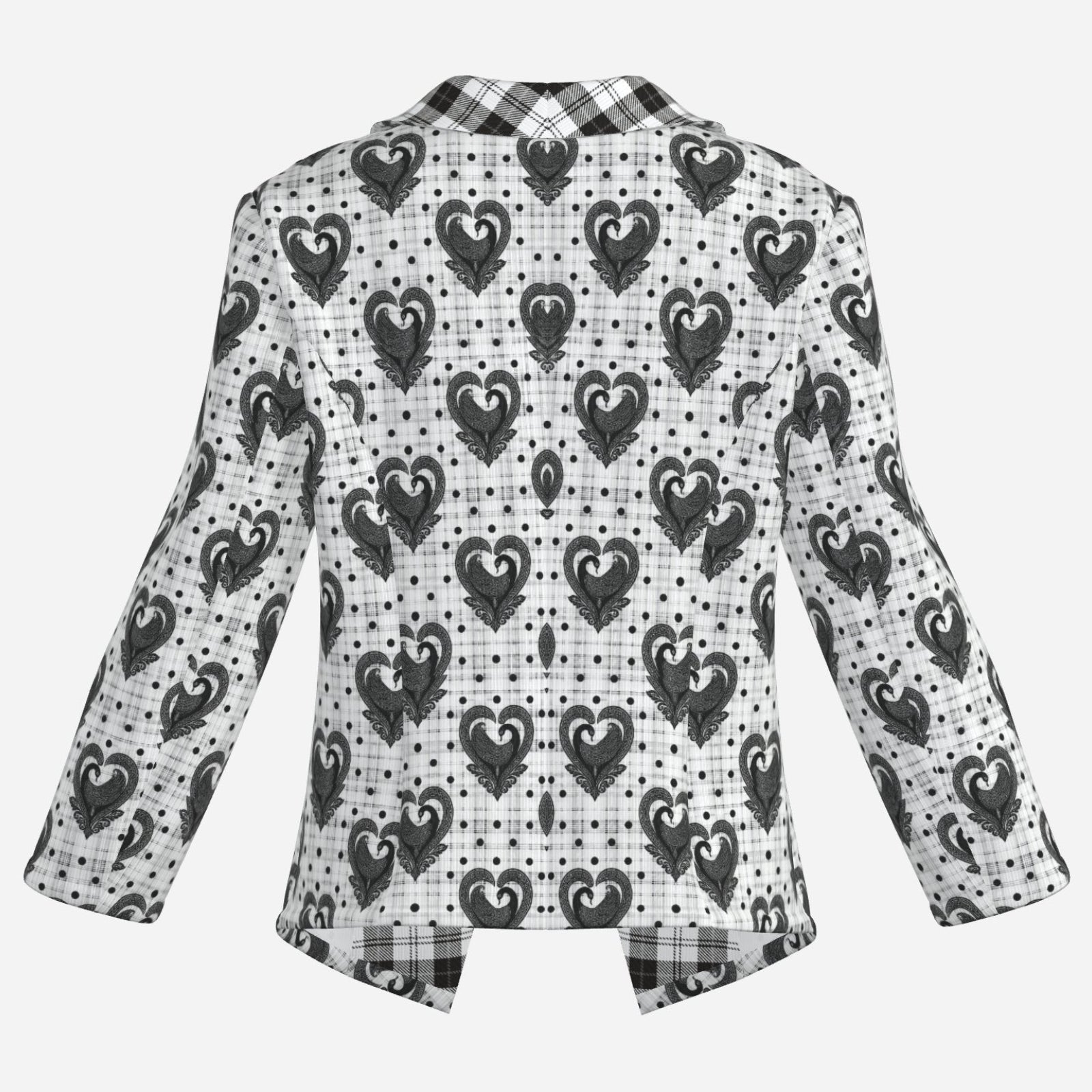 Monochrome Teddy Blaze open blazer mixing plaid, polka dots and repeating Sankofa hearts in structured 230 GSM Air Layer fabric. Sizes XXXS–2XL.