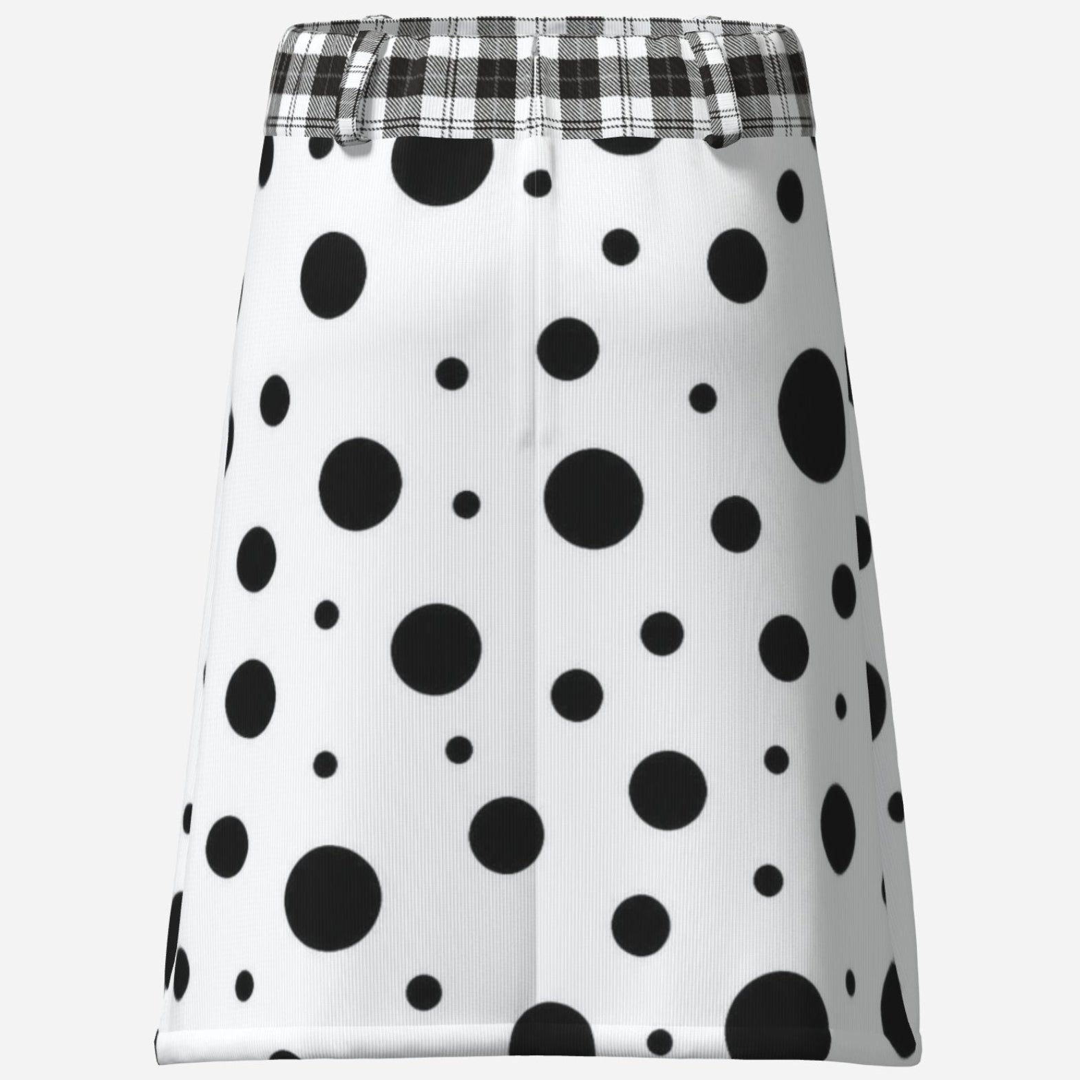 Shop the Teddy Blaze Polka Plaid A-Line Skirt, a black-and-white Afrodemia Americana design mixing bold polka dots, plaid and Black Ivy style.